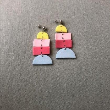 Color Block Rectangle Polymer Clay Earrings |..