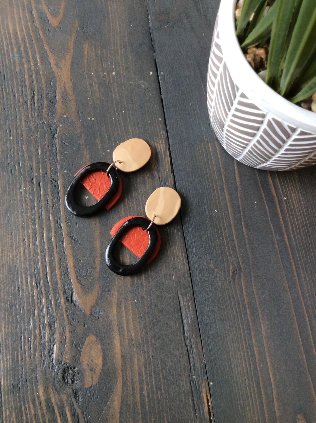 Fayola Oval In Beige, Red, And Black Polymer Clay Earrings | Simple Minimalist Polymer Clay Drop Earrings