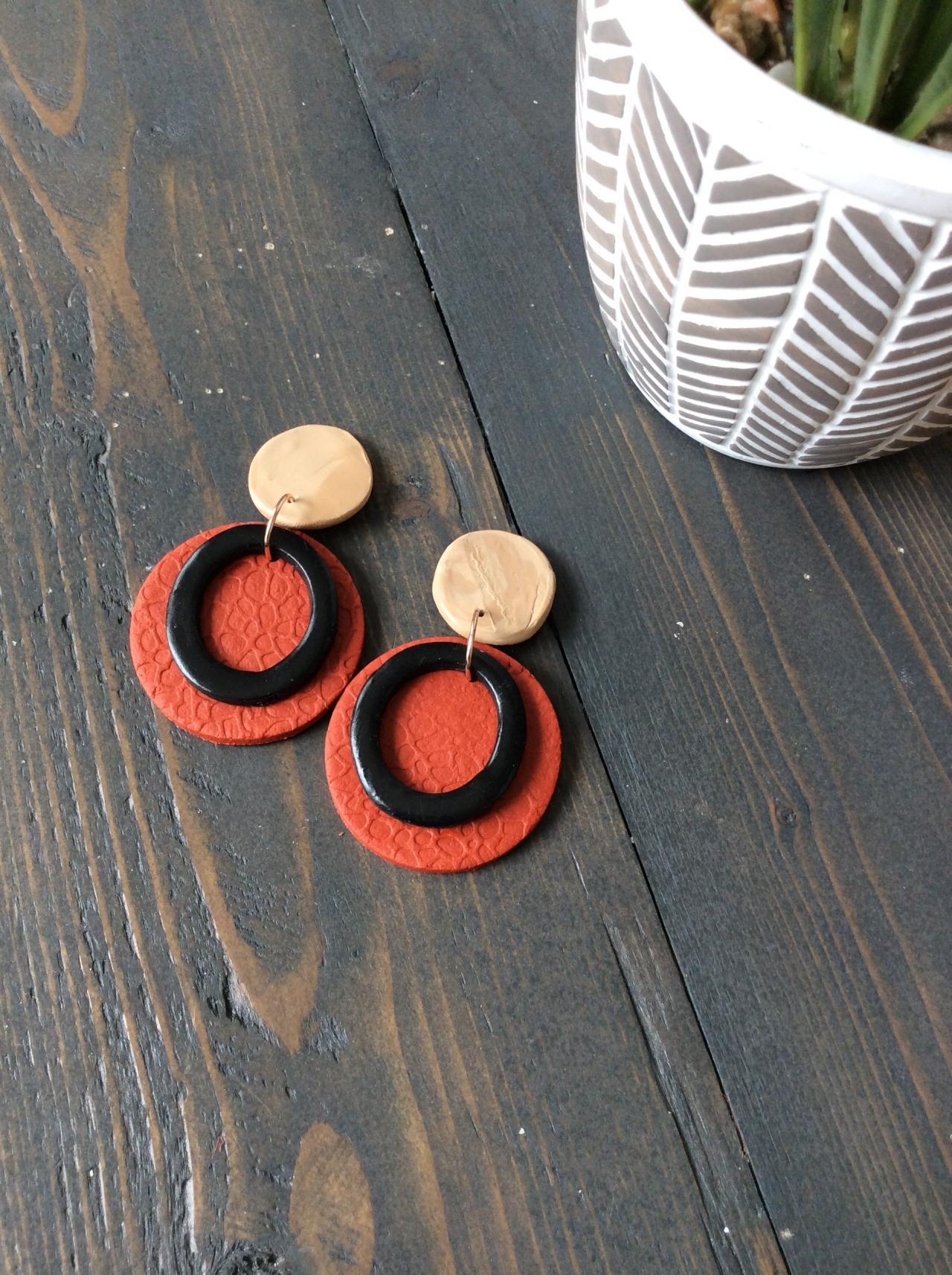 Fayola Circle In Red, Beige, And Black Polymer Clay Earrings | Polymer Clay Drop Earrings