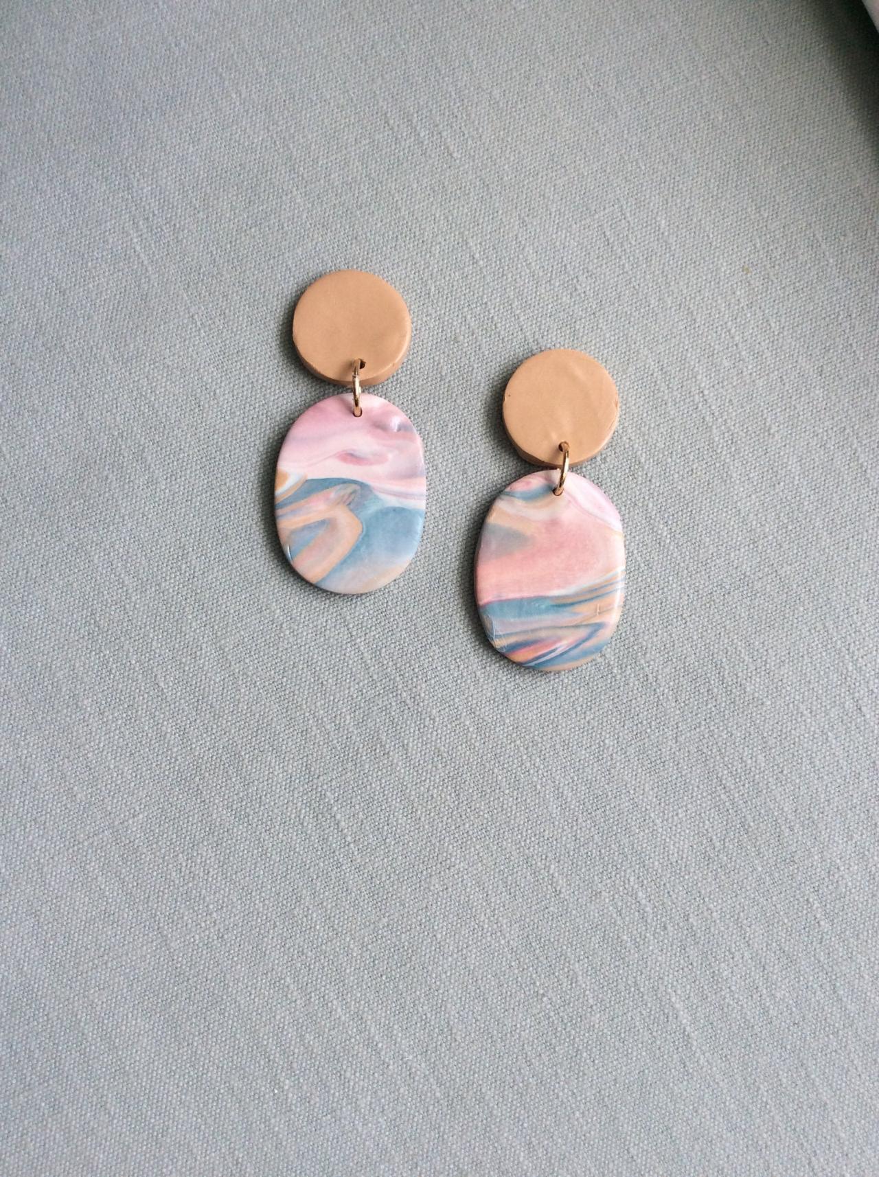 Binta In Teal, Mauve, Beige, And Cream Polymer Clay Earrings | Modern Contemporary Polymer Clay Drop Earrings