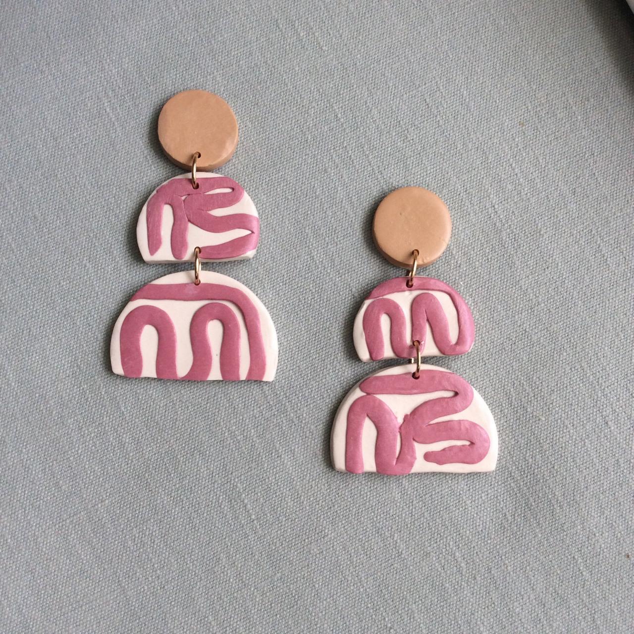 Aurelia In Beige, Mauve, And Cream Polymer Clay Statement Earrings | Unique Contemporary Polymer Clay Dangle Earrings