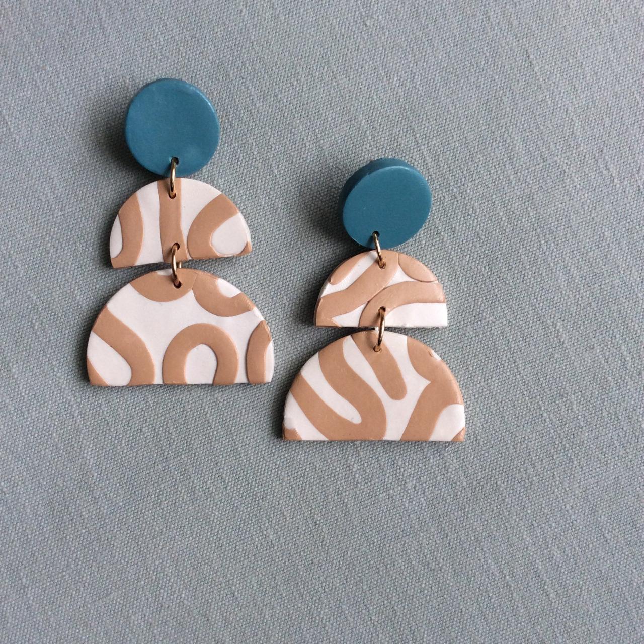 Aurelia In Beige, Cream, And Teal Polymer Clay Statement Earrings | Contemporary Polymer Clay Drop Earrings