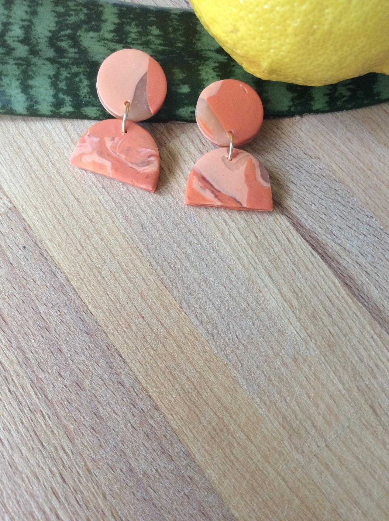 Stormy Half Circle In Orange And Translucent Polymer Clay Earrings | Cute Contemporary Polymer Clay Drop Earrings