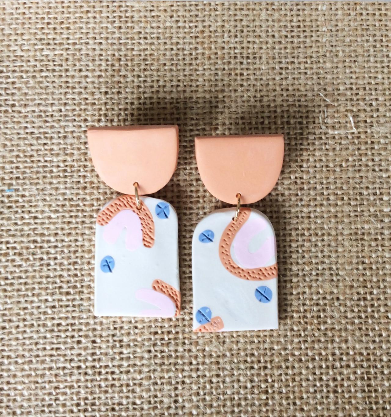 Loni In Orange, Pink, Blue, And Cream Polymer Clay Earrings | Unique Modern Polymer Clay Statement Earrings