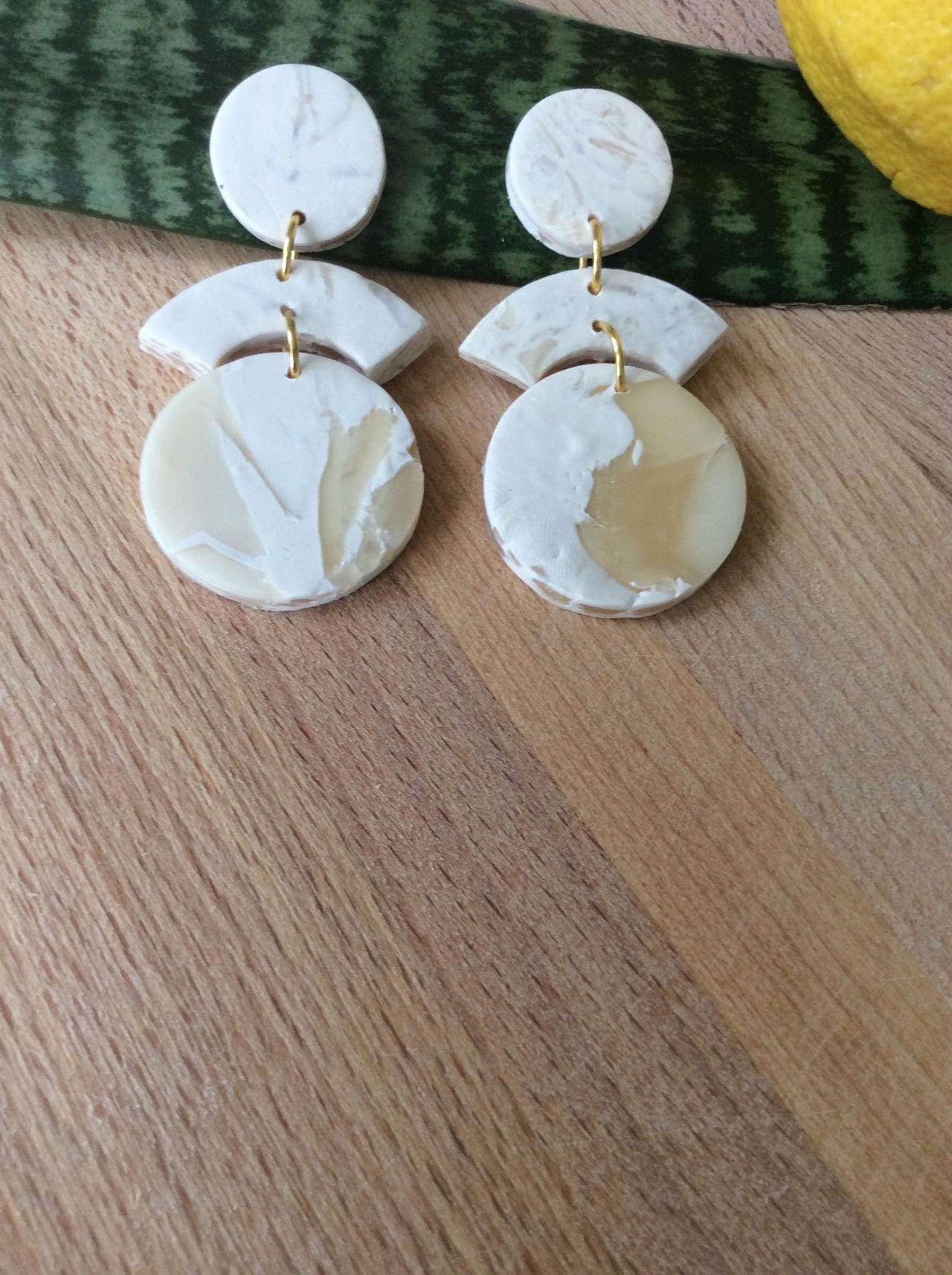 Stormy Tiered In White And Translucent Polymer Clay Statement Earrings | Unique Minimalist Polymer Clay Earrings