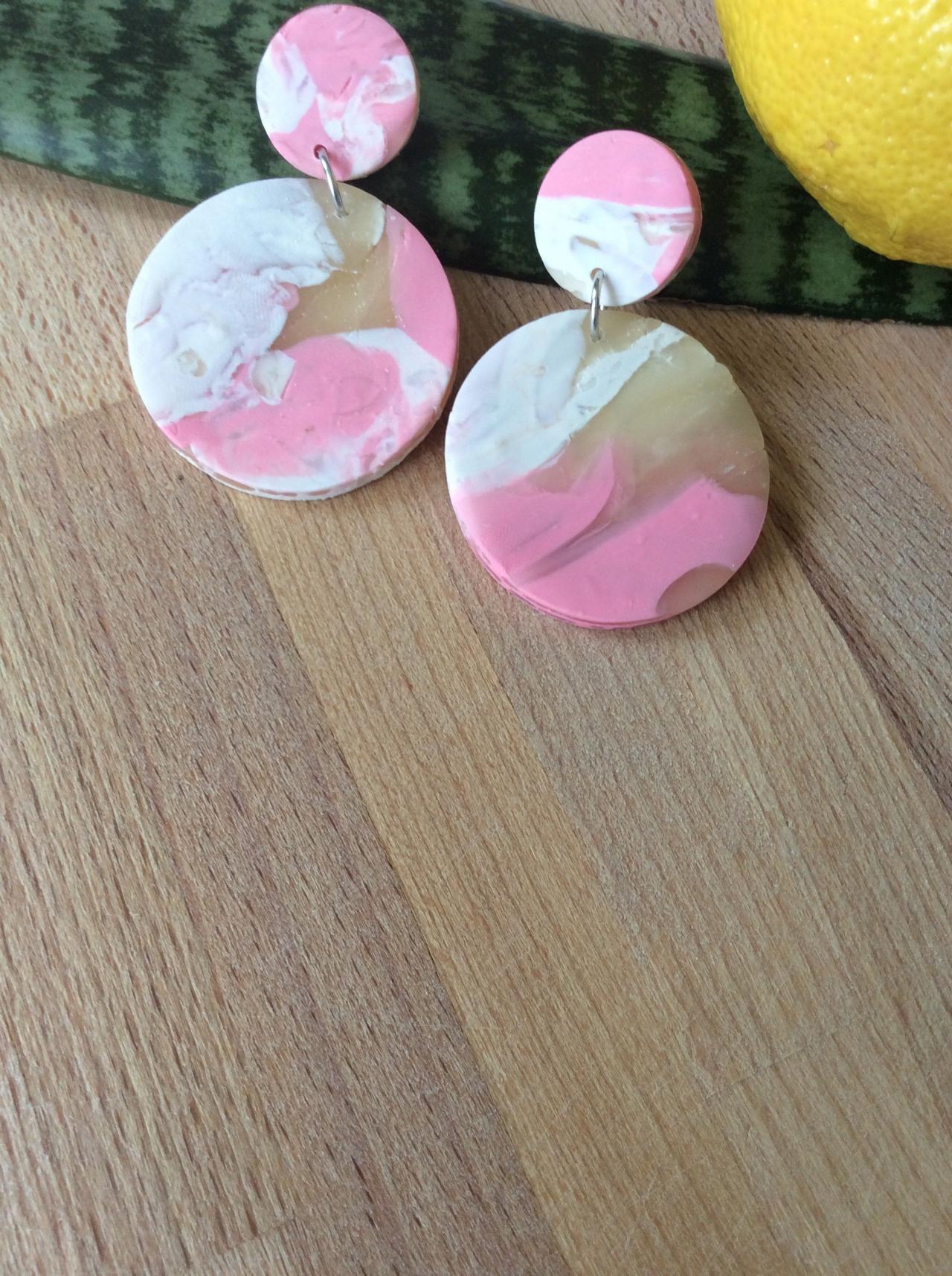 Stormy In Pink And Translucent Polymer Clay Statement Earrings | Simple Unique Polymer Clay Drop Earrings