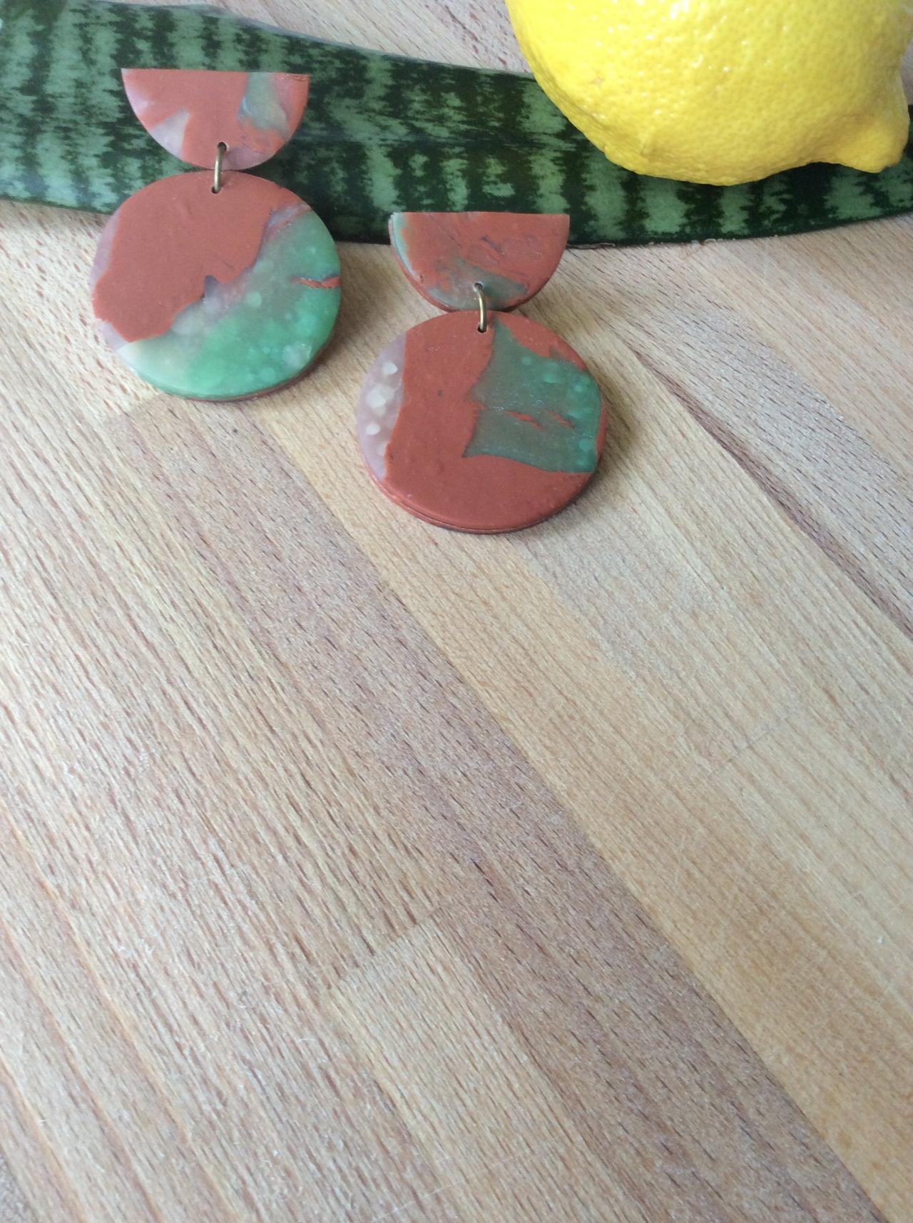 Stormy Half Circle In Brown, Green, And Translucent Polymer Clay Drop Earrings | Simple Cute Polymer Clay Earrings