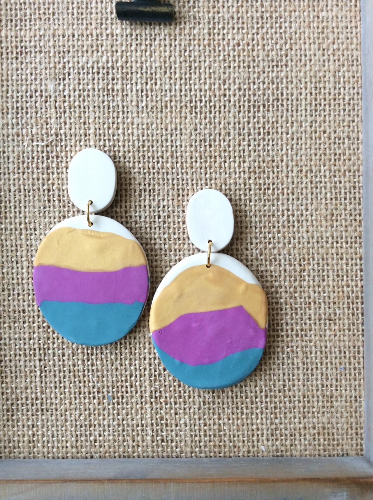 Kara In Gold, Fuchsia, And Teal Polymer Clay Drop Earrings | Modern Contemporary Polymer Clay Statement Earrings