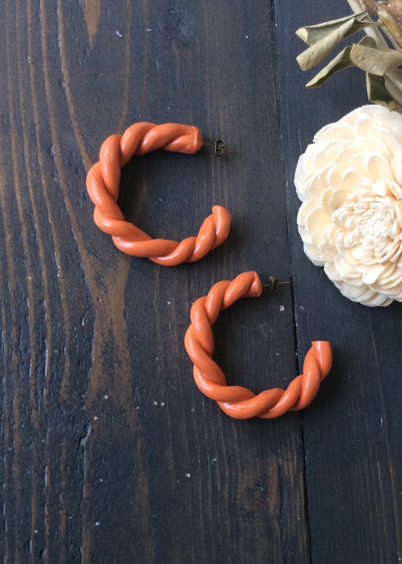Twist Hoops In Burnt Orange Polymer Clay Earrings | Polymer Clay Statement Earrings
