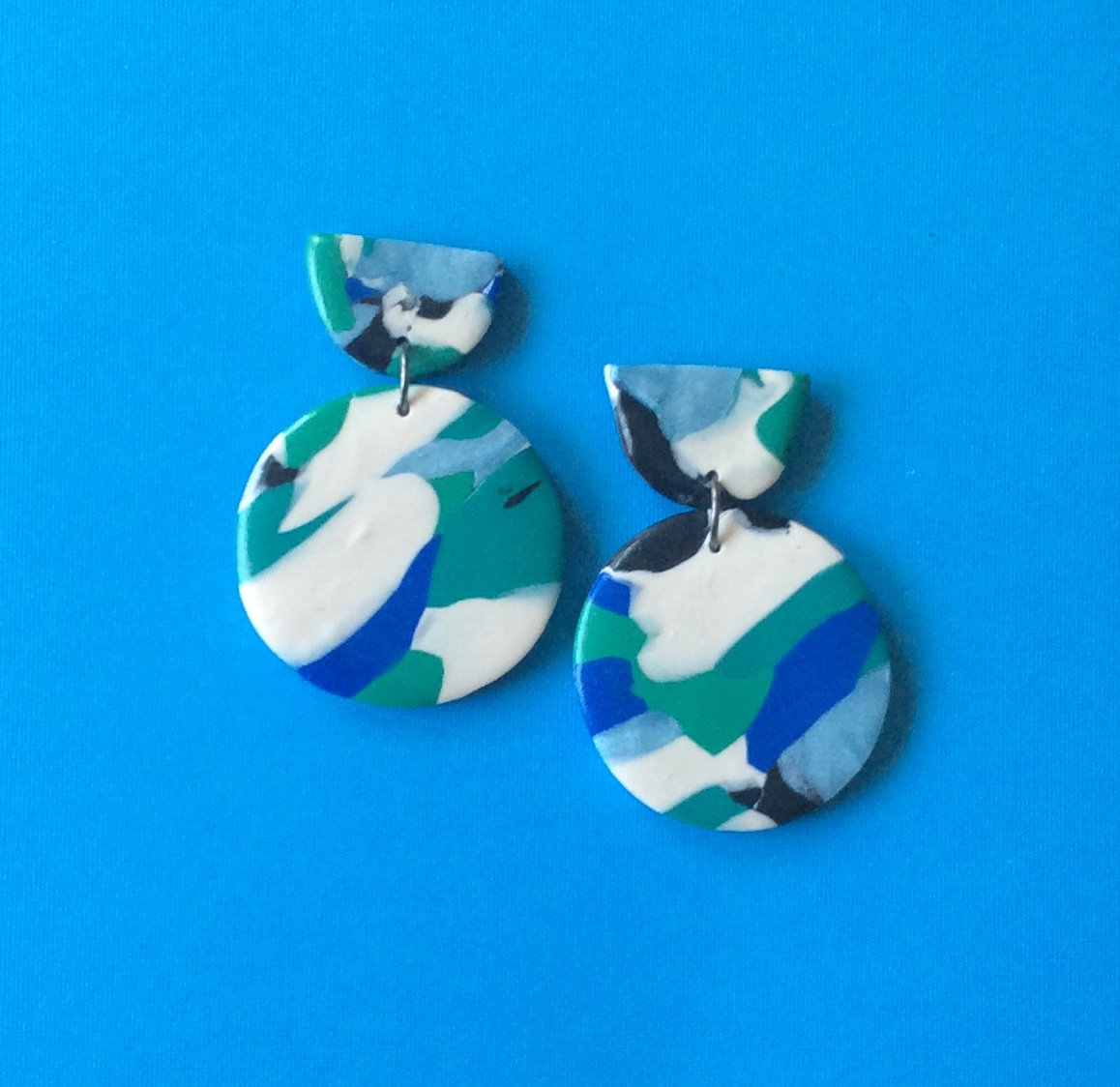 Abstract Circle In Shades Of Blue Polymer Clay Statement Earrings | Unique Contemporary Polymer Clay Drop Earrings