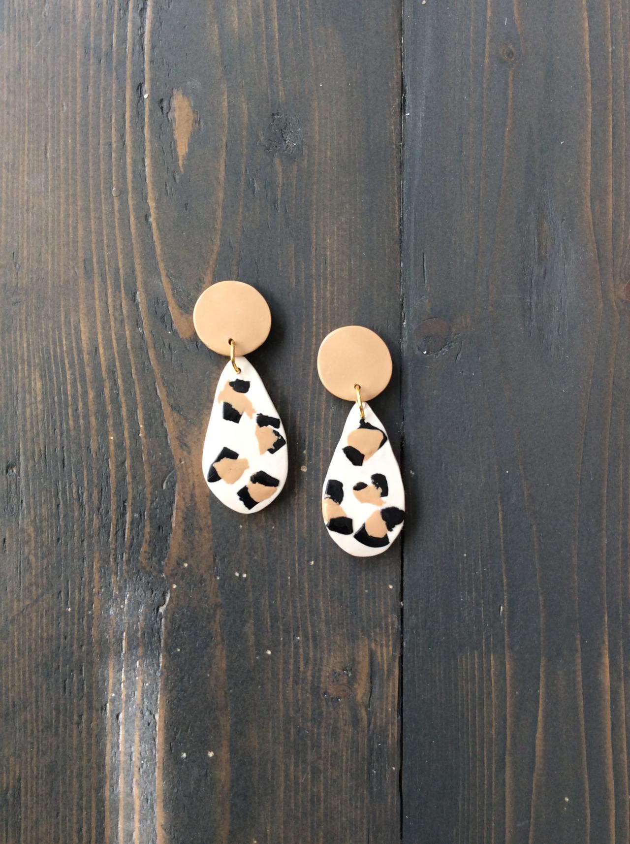 Teardrop Cheetah Polymer Clay Statement Earrings | Modern Contemporary Polymer Clay Drop Earrings