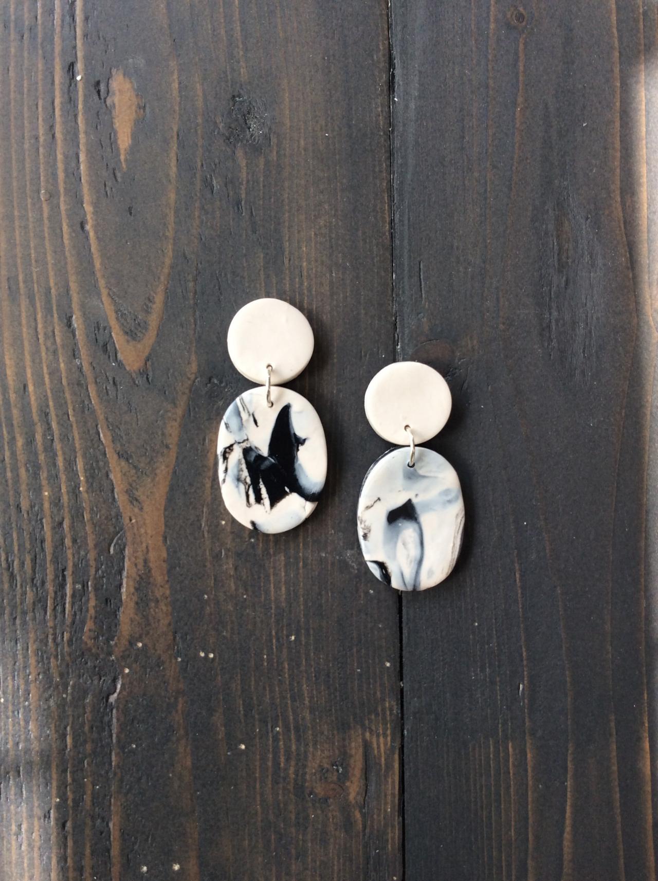 Abstract White And Black Polymer Clay Earrings | Cute Unique Polymer Clay Drop Earrings