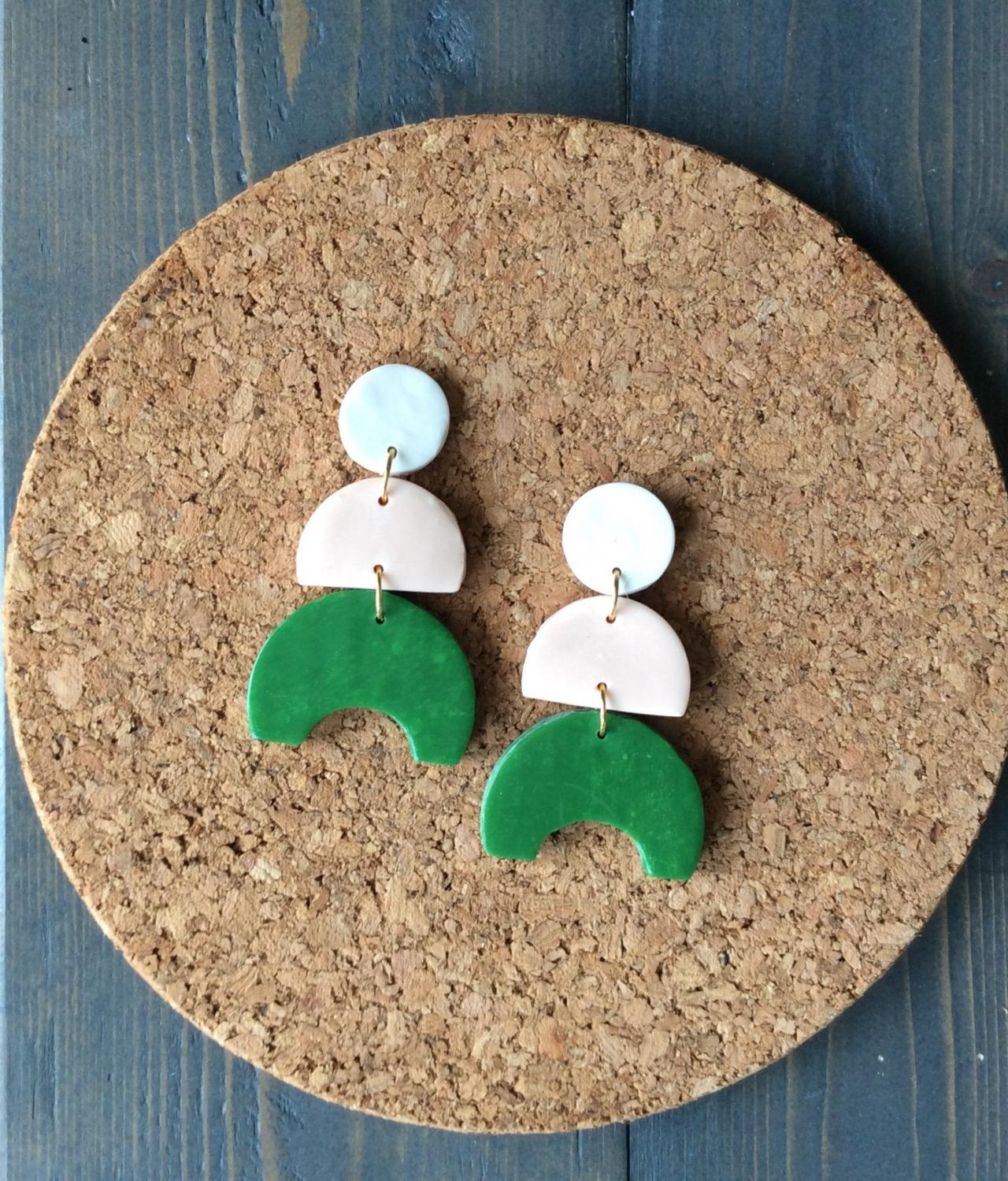 Natasha - White, Beige, Green Polymer Clay Statement Earrings | Modern Contemporary Polymer Clay Drop Earrings