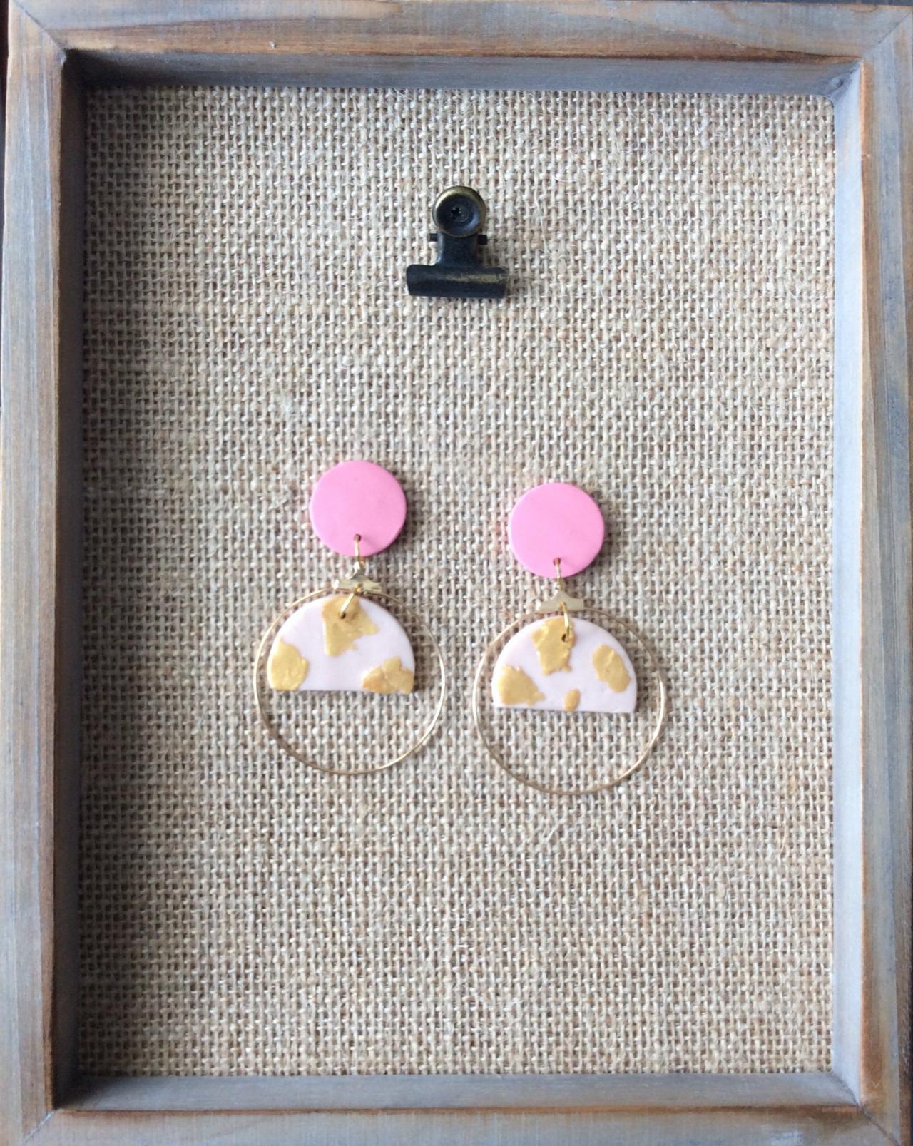 Starla - Pink, Gold, And Cream Polymer Clay Earrings | Simple Minimalist Polymer Clay Drop Earrings