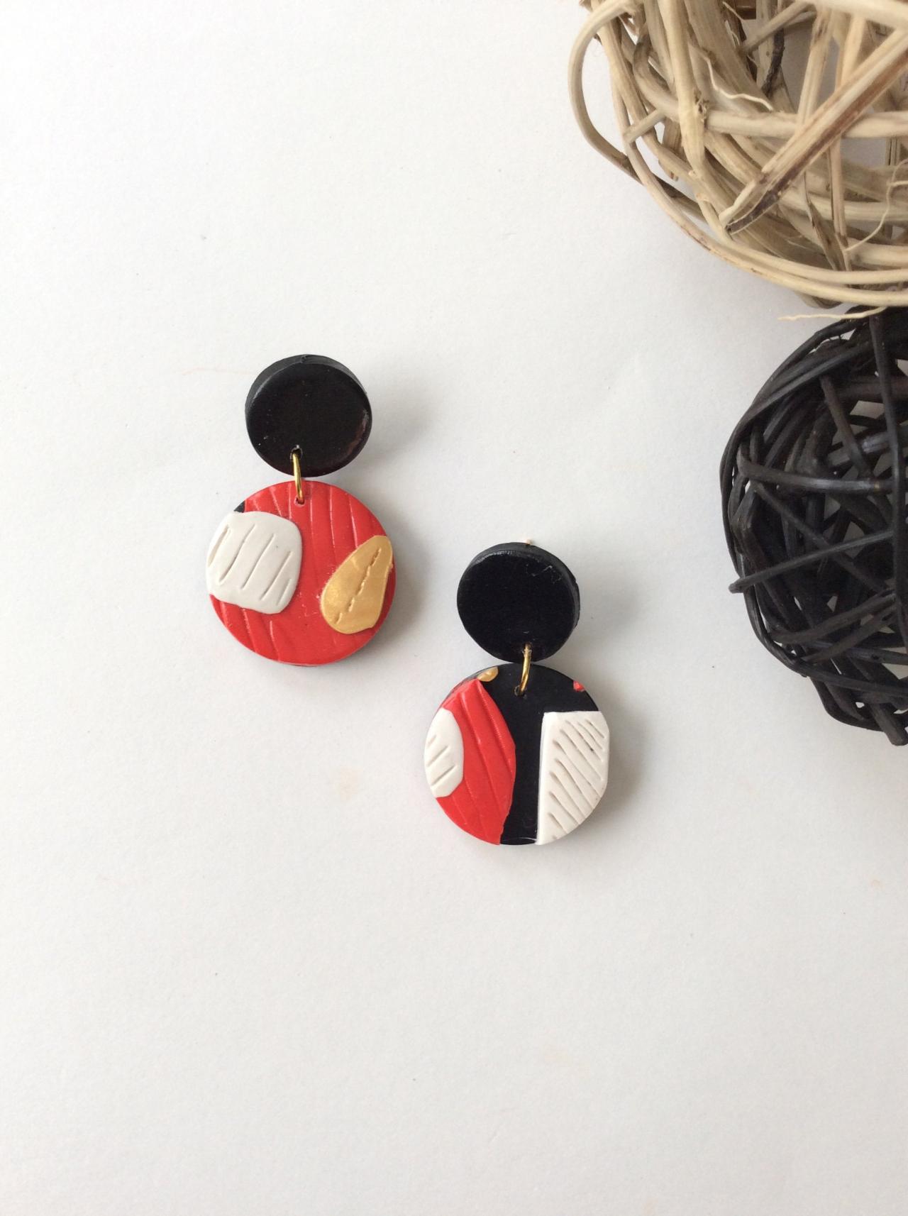 Tiled Terrazzo Circle With Solid Top Polymer Clay Drop Earrings | Handmade Polymer Clay Statement Earrings