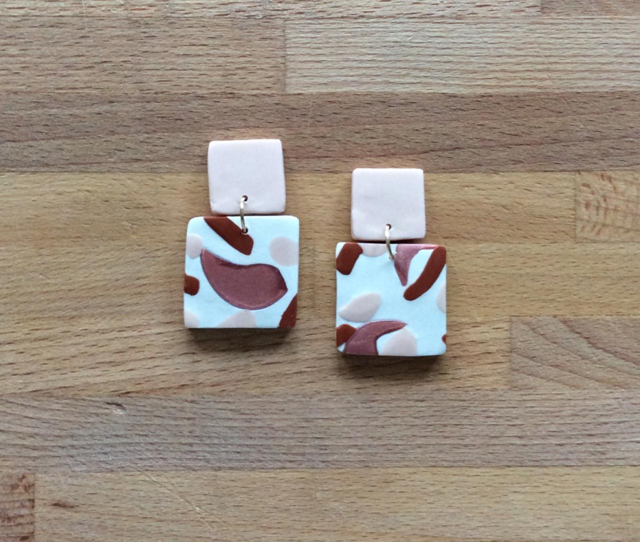 Brushed Square Polymer Clay Drop Earrings | Unique Contemporary Polymer Clay Statement Earrings
