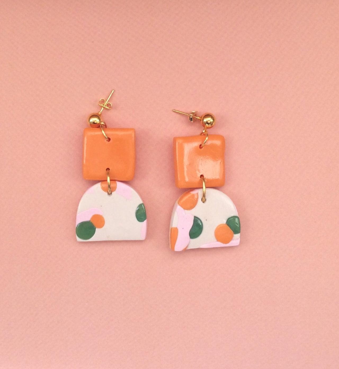 Terrazzo Solid Square Polymer Clay Drop Earrings | Simple Cute Polymer Clay Statement Earrings