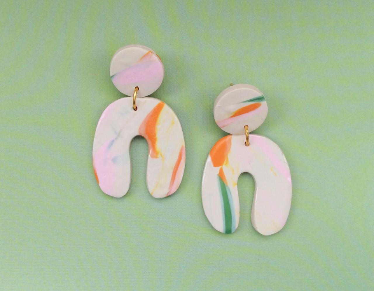 Abstract U With Circle Polymer Clay Drop Earrings Polymer Clay Statement Earrings | Modern Minimalist Polymer Clay Dangle Earrings