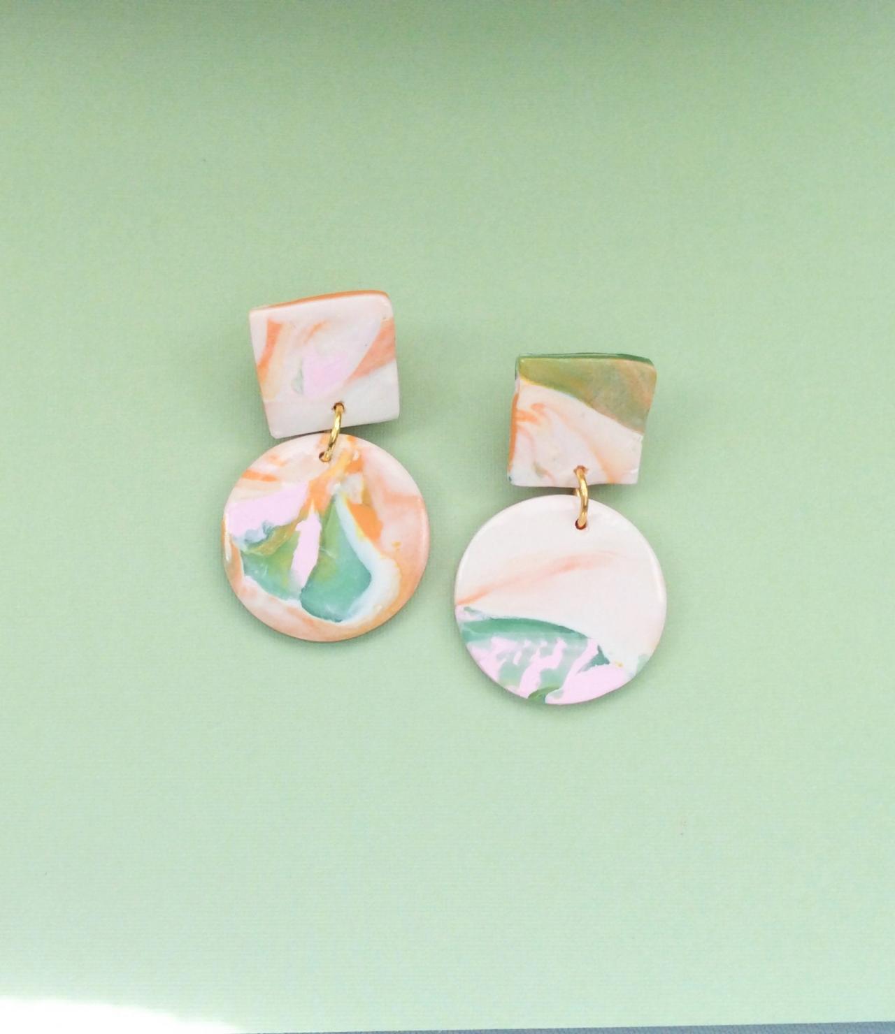 Abstract Circle With Square Polymer Clay Drop Earrings | Simple Minimalist Polymer Clay Earrings