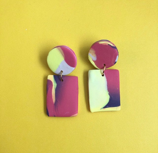 Abstract Rectangle Polymer Clay Drop Earrings | Modern Unique Contemporary Polymer Clay Statement Earrings