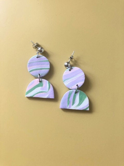 Abstract Multicolor Half Circle Polymer Clay Statement Earrings | Unique Contemporary Polymer Clay Drop Earrings