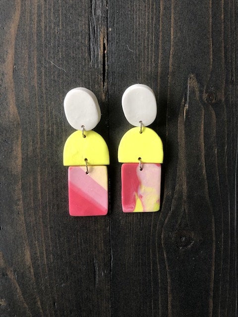 Color Block Abstract Rectangle Polymer Clay Earrings | Contemporary Polymer Clay Statement Earrings