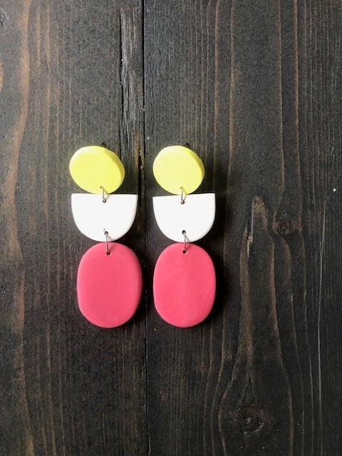 Color Block Oval Polymer Clay Earrings | Simple Unique Polymer Clay Statement Earrings