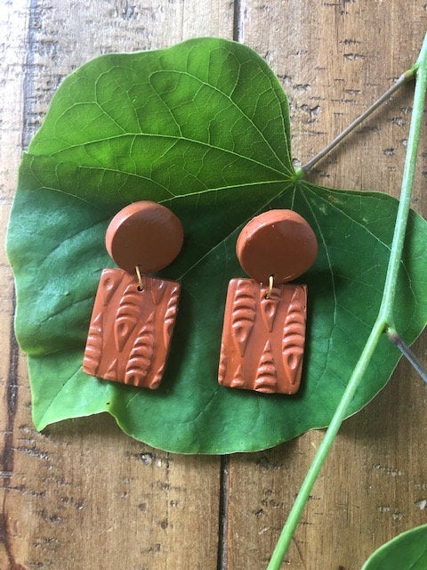 Terra Cotta Textured Small Rectangle Fish Polymer Clay Drop Earrings | Simple Minimalist Polymer Clay Earrings