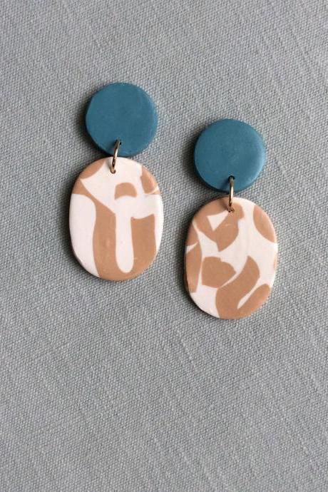 Binta in Teal, Beige, Cream Polymer Clay Earrings | Simple Contemporary Polymer Clay Statement Earrings