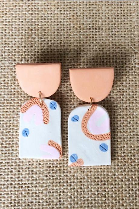 Loni in Orange, Pink, Blue, and Cream Polymer Clay Earrings | Unique Modern Polymer Clay Statement Earrings