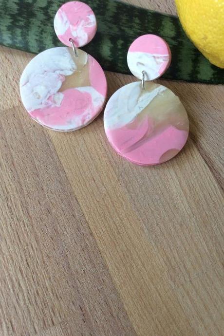 Stormy In Pink And Translucent Polymer Clay Statement Earrings | Simple Unique Polymer Clay Drop Earrings
