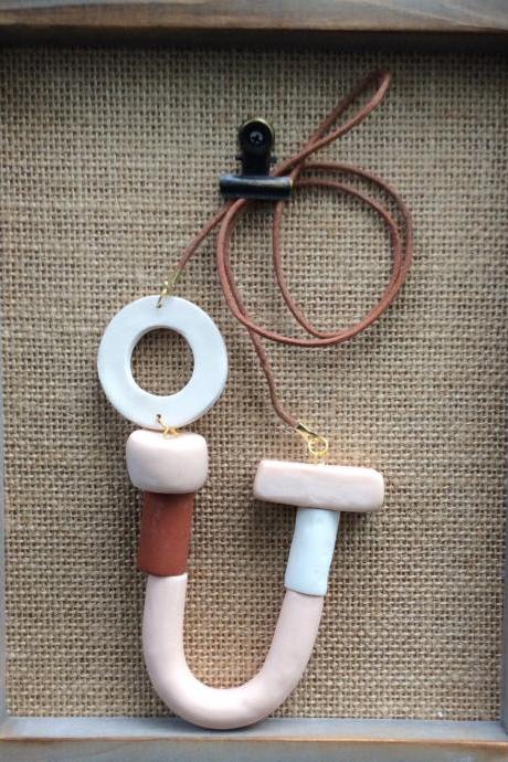 Priscilla -Beige, White, Terra Cotta Polymer Clay Necklace | Polymer Clay Statement Necklace