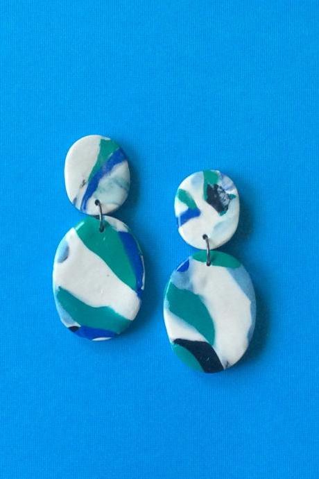Abstract Oval in Teal, Navy, Sky Blue, Black, and Cream Polymer Clay Statement Earrings | Unique Contemporary Polymer Clay Earrings