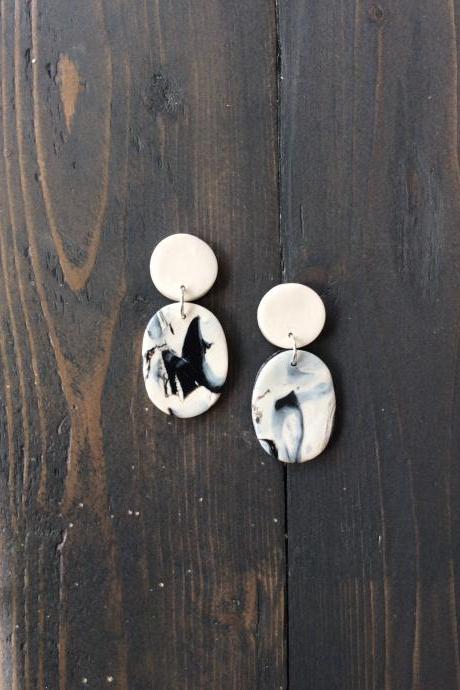 Abstract White And Black Polymer Clay Earrings | Cute Unique Polymer Clay Drop Earrings