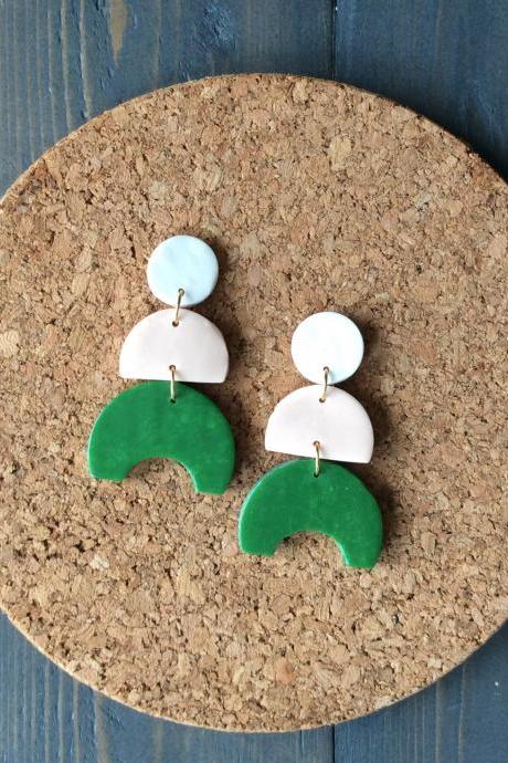 Natasha - White, Beige, Green Polymer Clay Statement Earrings | Modern Contemporary Polymer Clay Drop Earrings