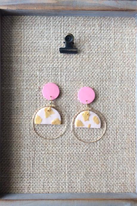Starla - Pink, Gold, And Cream Polymer Clay Earrings | Simple Minimalist Polymer Clay Drop Earrings