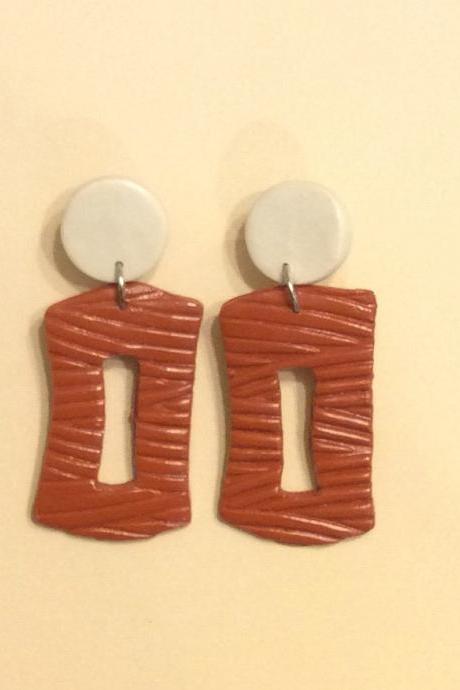 Natural Terra Cotta Textured Square Polymer Clay Statement Earrings | Unique Polymer Clay Dangle Earrings