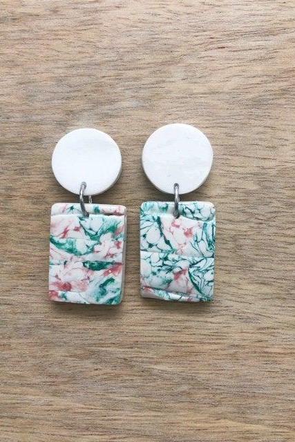 Abstract Small Rectangle Polymer Clay Dangle Earrings | Simple Modern Polymer Clay Statement Earrings