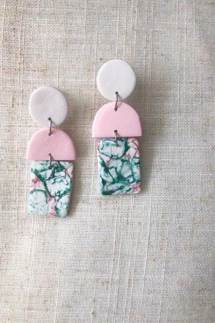  Color Block Abstract Rectangle Polymer Clay Dangle Earrings | Cute Unique Polymer Clay Statement Earrings