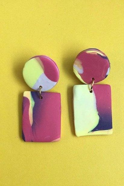 Abstract Rectangle Polymer Clay Drop Earrings | Modern Unique Contemporary Polymer Clay Statement Earrings