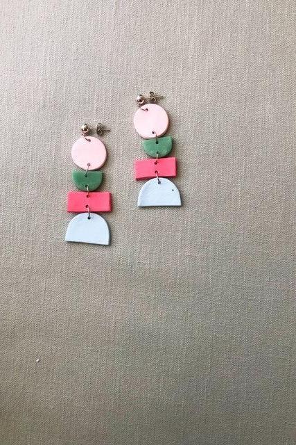Color Block Rectangle and Oval Polymer Clay Earrings | Colorful Polymer Clay Statement Earrings
