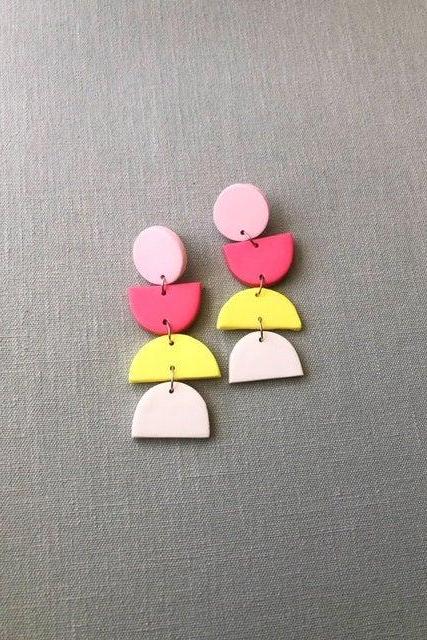 Color Block Half Oval Polymer Clay Statement Earrings | Colorful Fun Unique Polymer Clay Dangle Earrings