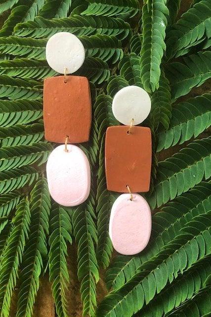 Terra Cotta Rectangle Oval Polymer Clay Statement Earrings | Modern Contemporary Polymer Clay Earrings