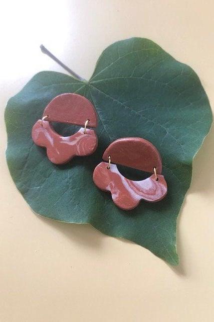 Abstract Terra Cotta With Cream Polymer Clay Drop Earrings | Simple Modern Polymer Clay Earrings
