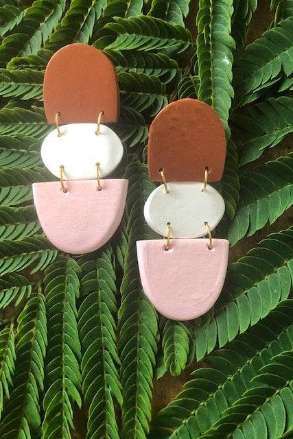 Abstract Terra Cotta,white, And Pink Polymer Clay Statement Earrings | Unique Contemporary Polymer Clay Earrings